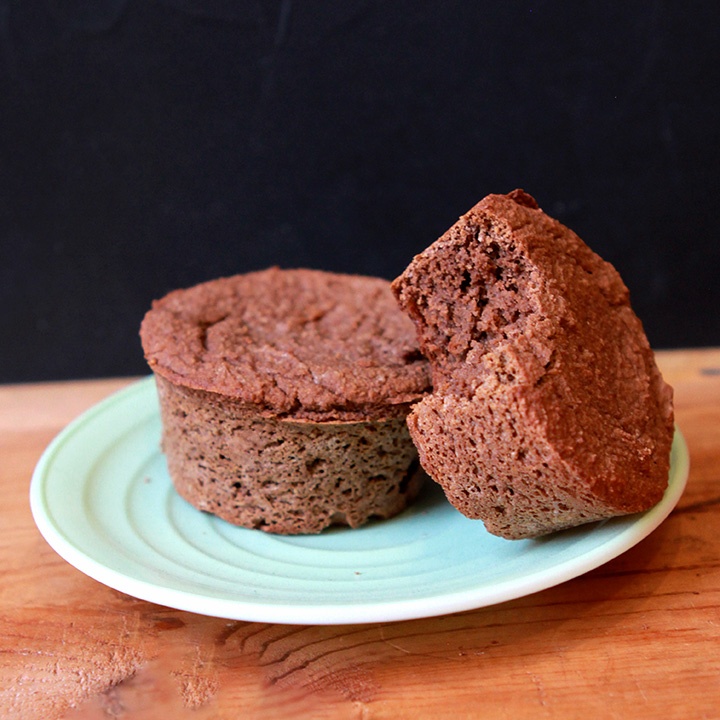 2 chocolate protein muffins on a light green plate against a black background