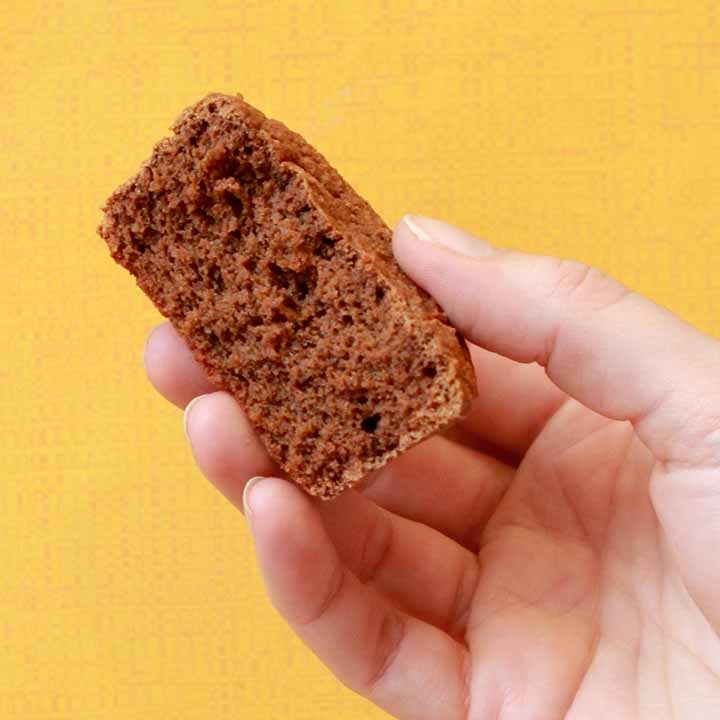 a hand holds a Keto chocolate muffin against a yellow background