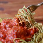 a forkful of Edamame Spaghetti and Meatballs