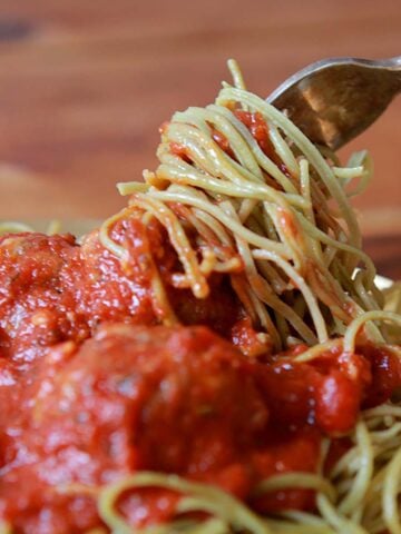 a forkful of Edamame Spaghetti and Meatballs