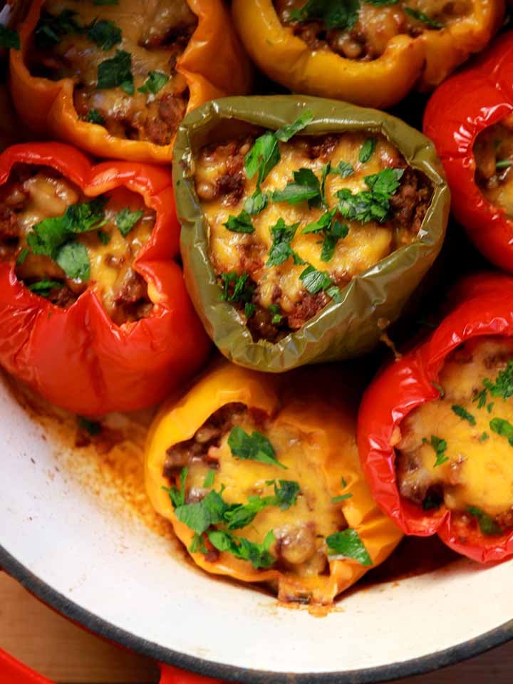 a dutch oven filled with low carb stuffed bell peppers