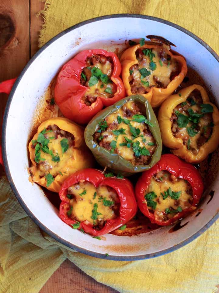 a dutch oven filled with low carb stuffed bell peppers