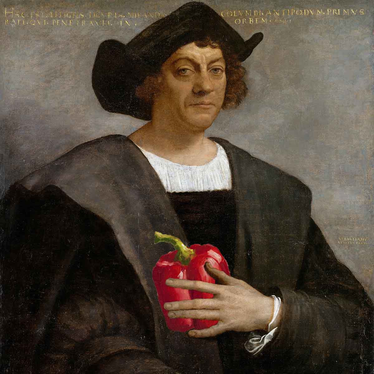 a painting of Christopher Columbus holding a red bell pepper