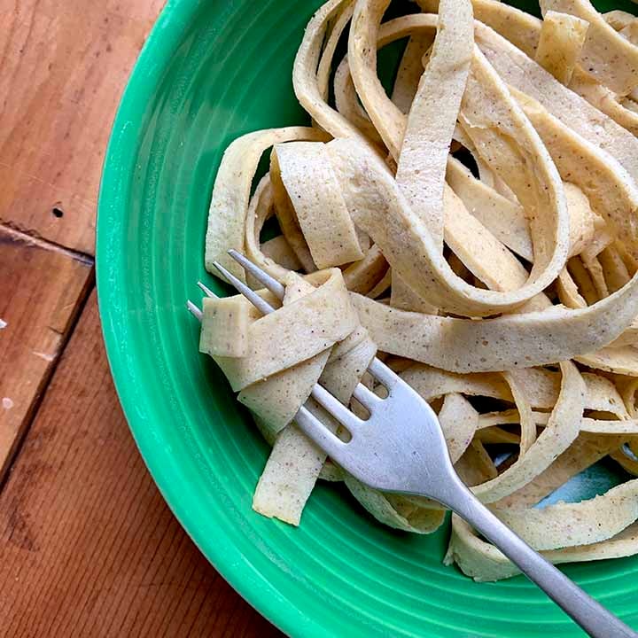 a fork holds some gluten free Psyllium Husk noodles