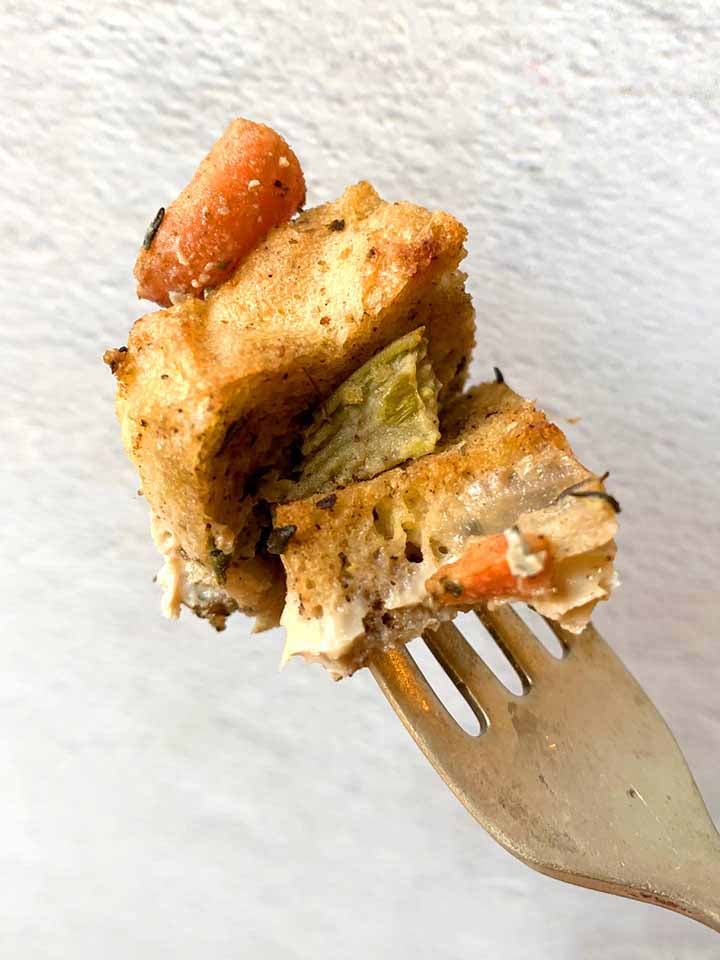 a fork holds a bite of grain-free stuffing