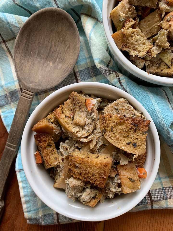 a top down view of two bowls of zero net carb bread stuffing