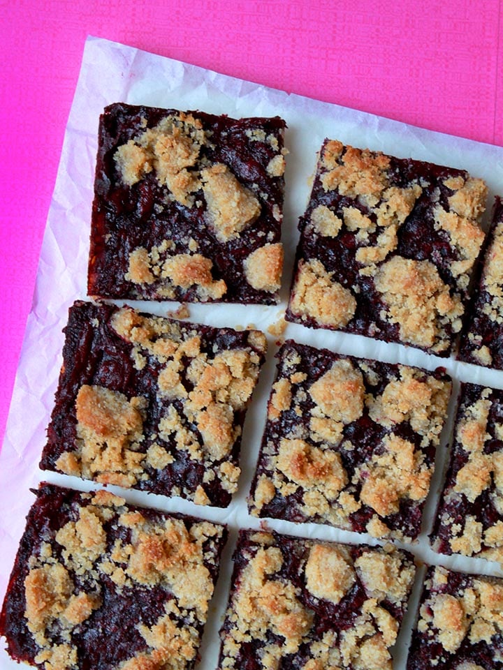 a top down view of blueberry crumble bars against a hot pink background