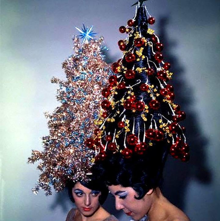 Old 1960's photo of 2 women wearing Christmas tree hair-dos