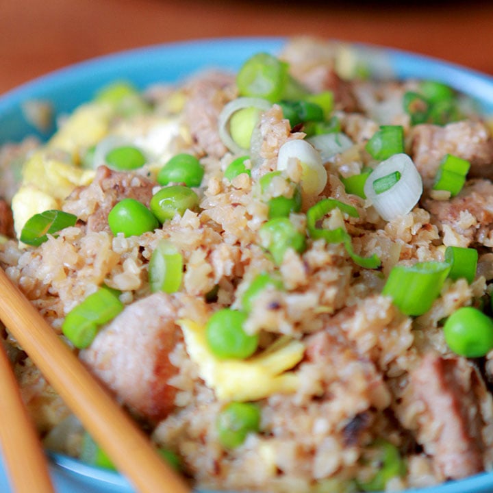 a close up of a bowl of Whole30 pork fried rice