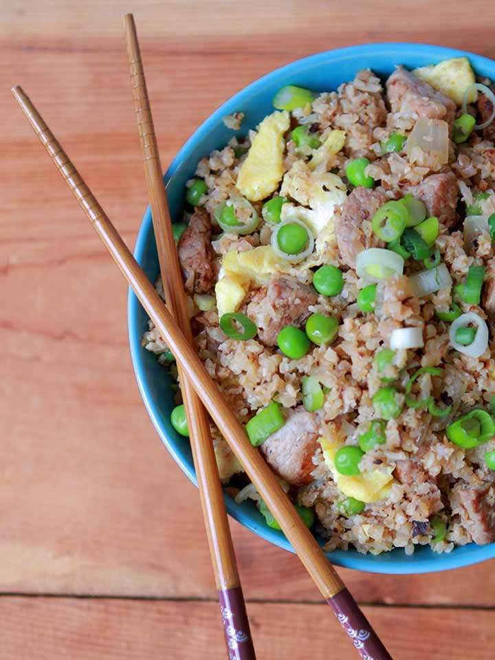 a top down view of a bowl of gluten-free pork fried rice