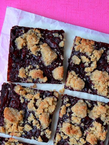 Keto blueberry breakfast bars against a hot pink background