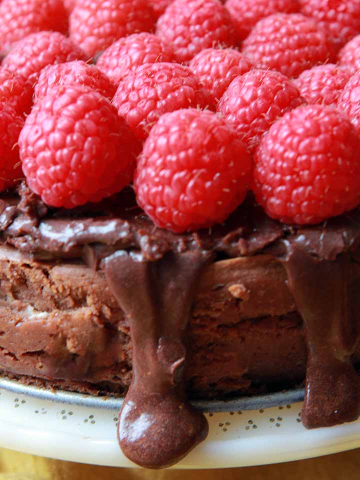 a close up of a Keto chocolate cheesecake with fresh raspberries on top