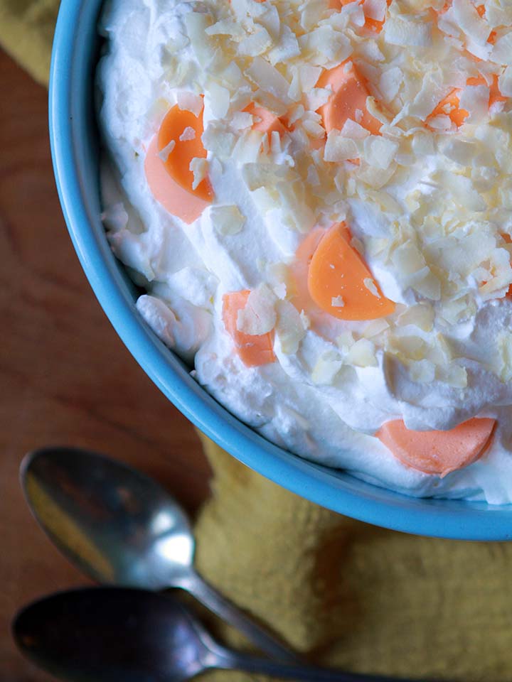 a top down view of a bowl of Keto orange fluff salad
