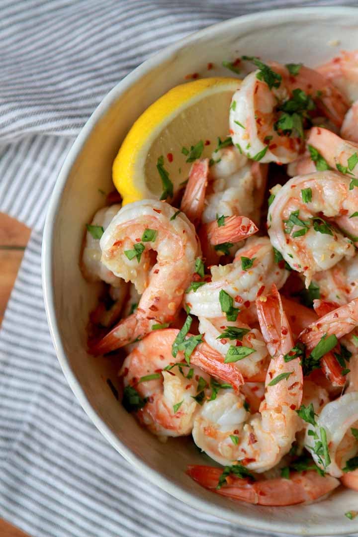 a top down view of a serving bowl filled with Keto Shrimp Scampi
