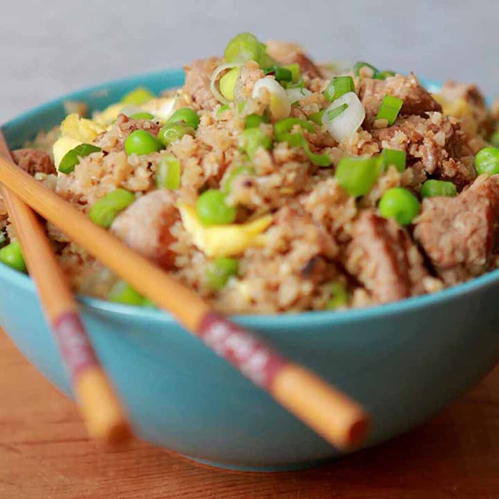 a bowl of Keto Pork Fried Cauli Rice