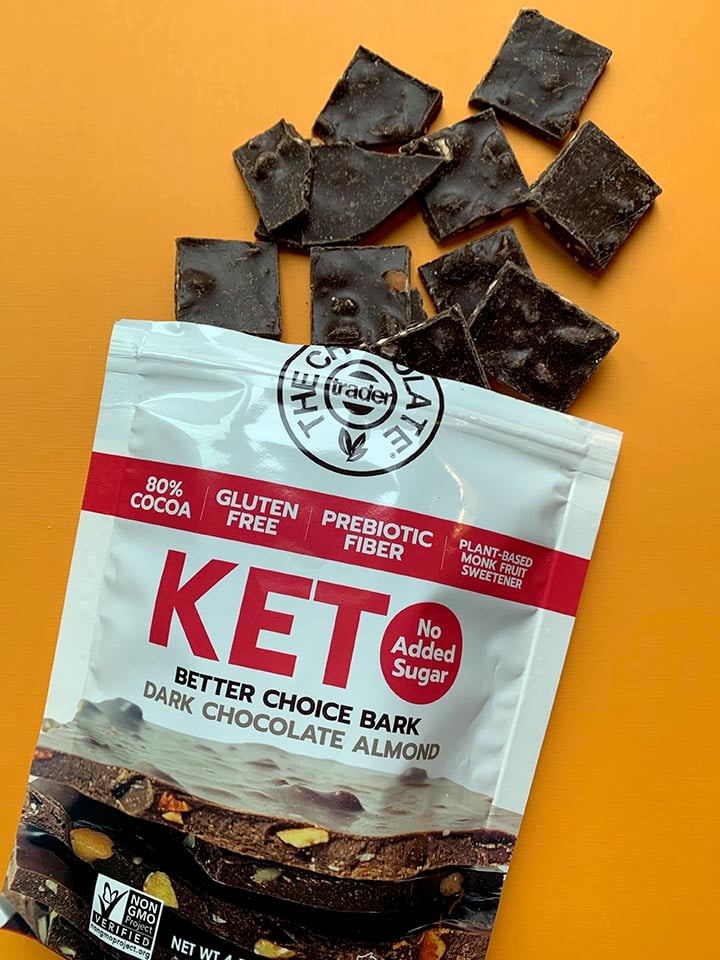 A bag of Keto Better Choice Chocolates against a yellow background