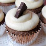 a close up of a gluten-free chocolate cupcake