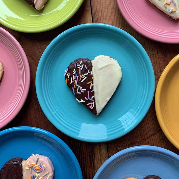 multi-color plates hold low carb heart shaped shortbread cookies