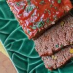 a top down view of a classic Keto meatloaf cut into slices