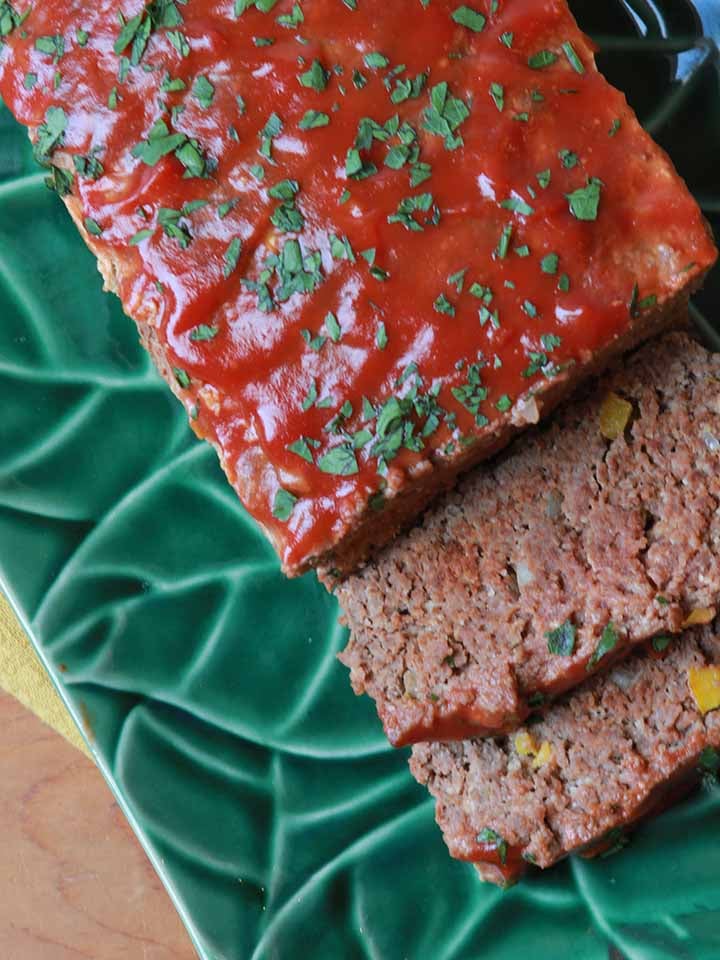 a top down view of a classic Keto meatloaf cut into slices