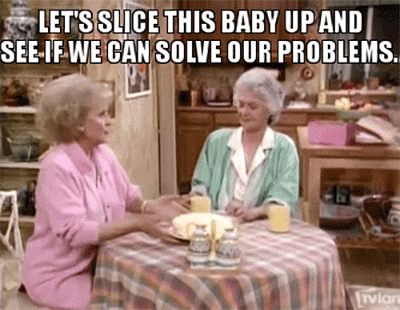 a gif of the Golden Girls sitting around the kitchen table eating cheesecake
