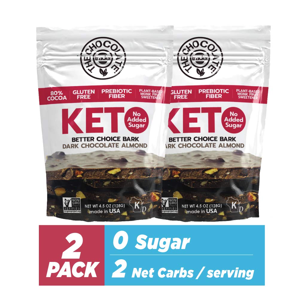 a 2-pack of The Chocolate Trader Keto Dark Chocolate Almond Bark