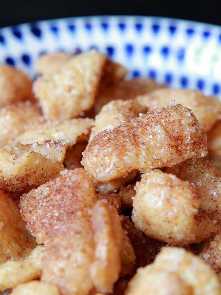 a close up shot of a bowl of Keto Cinnamon Toast Crunch Cereal
