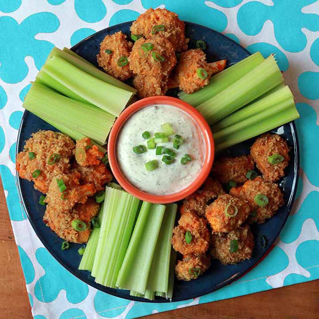 a top down view of Keto buffalo cauliflower bites