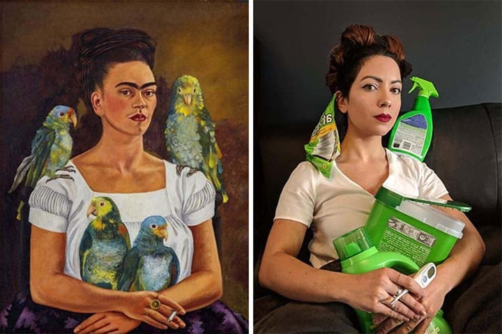 a woman dresses up like a Frida Kahlo painting