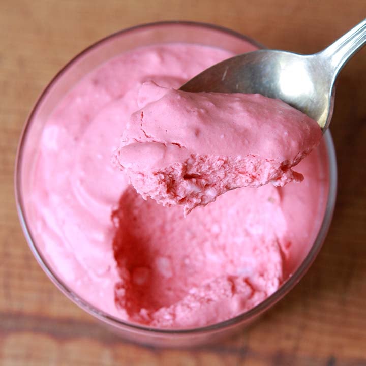 top down view of a spoonful of Keto Raspberry Mousse