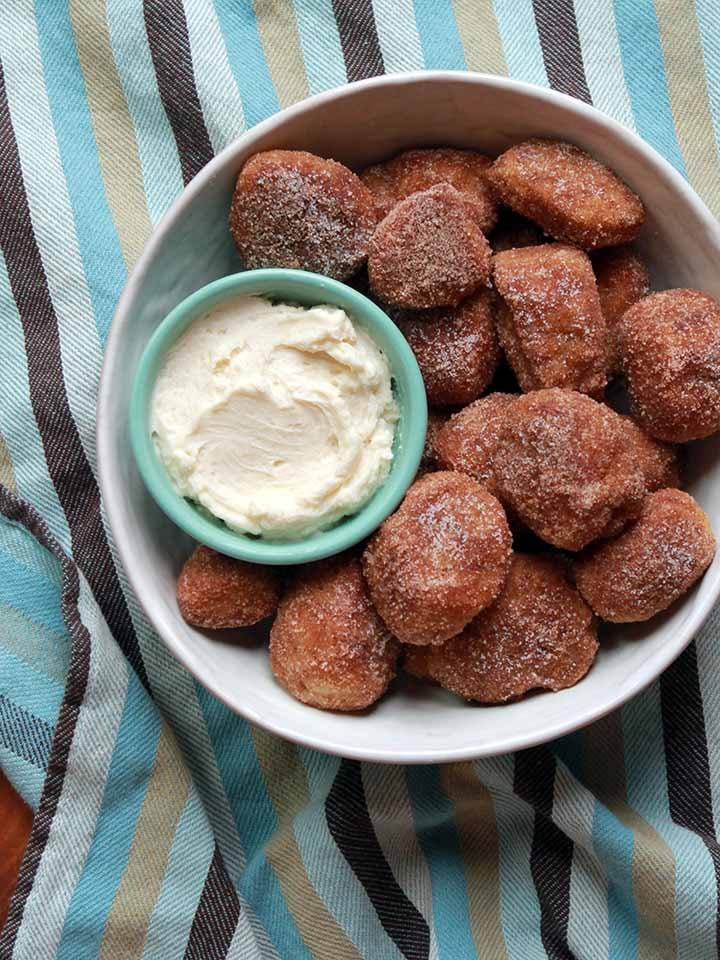 a top down view of a bowl of Keto cinnamon sugar pretzel bites