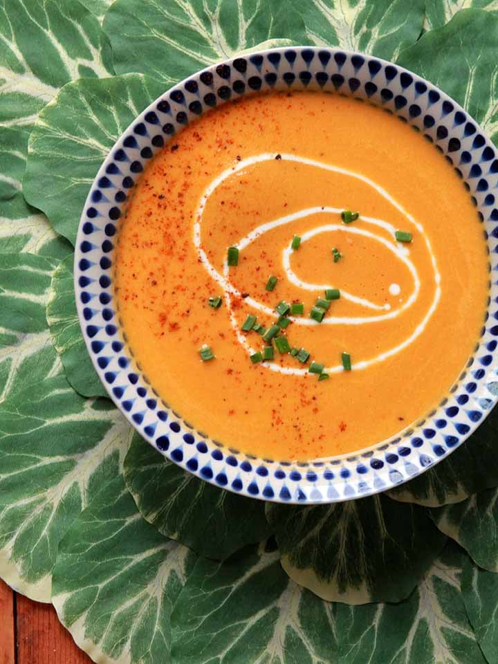 a top down view of a bowl of dairy-free carrot coconut soup