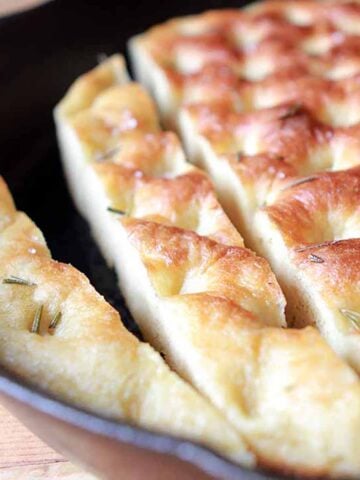 a cast iron pan of Keto focaccia