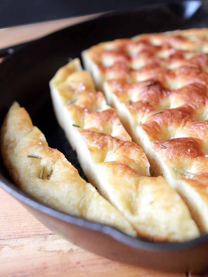 Keto focaccia in a cast iron pan