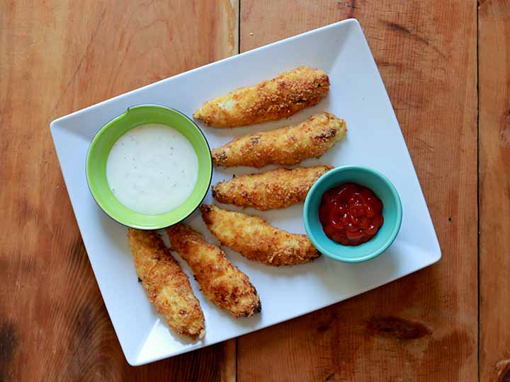 a top down view of a plate of Keto Chicken Strips