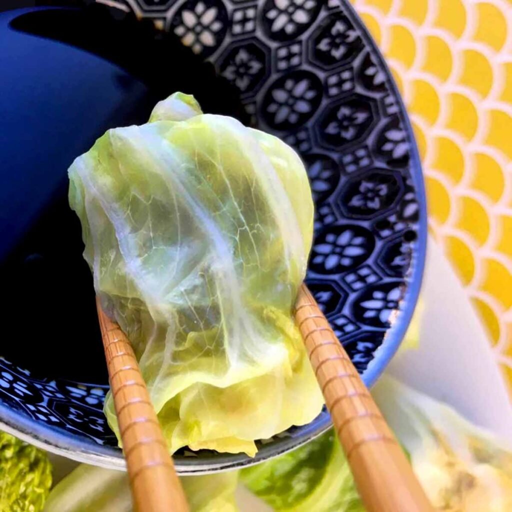 a Pork Cabbage Dumpling held by chopsticks