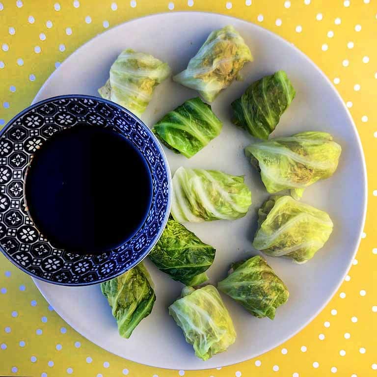a top down view of a plate of Pork Cabbage Dumplings