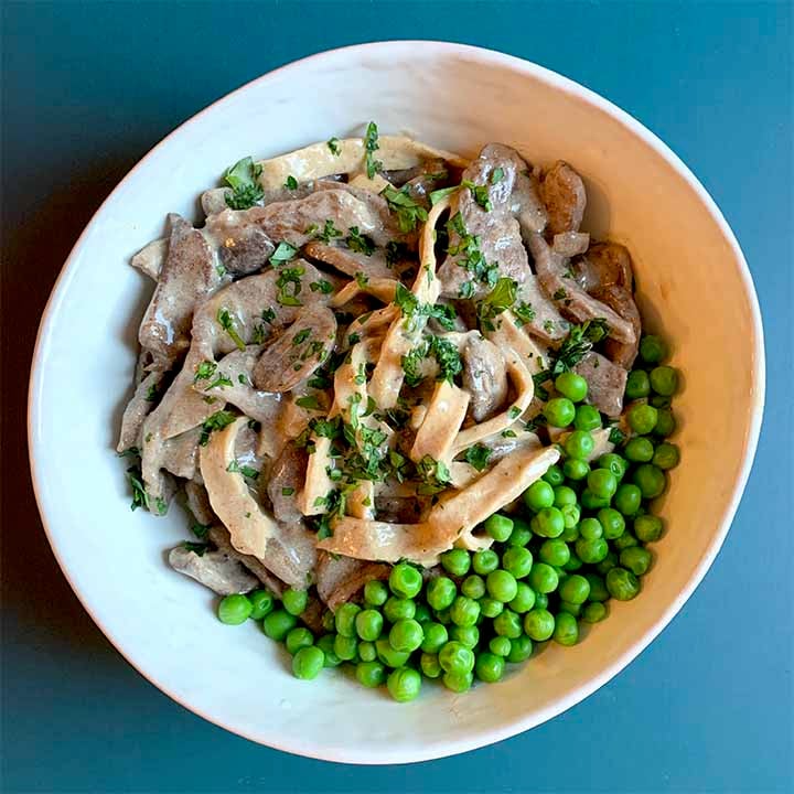 a top down view of a bowl of Keto Beef Stroganoff