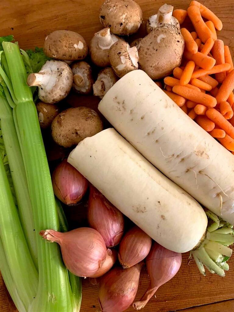 celery, daikon radishes, carrots, mushrooms and shallots