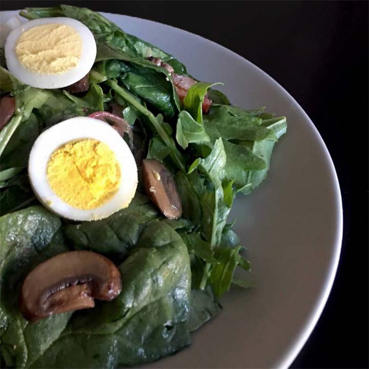 a Keto Spinach Salad with warm bacon dressing