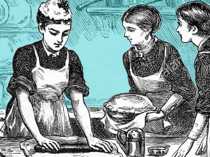 1800's wood cut print of women baking