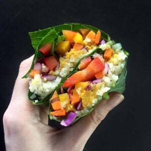 a hand holds a Keto rainbow salad wrap