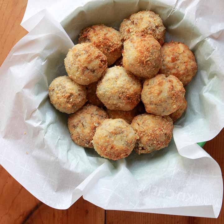 a basket of Keto sausage and sauerkraut balls