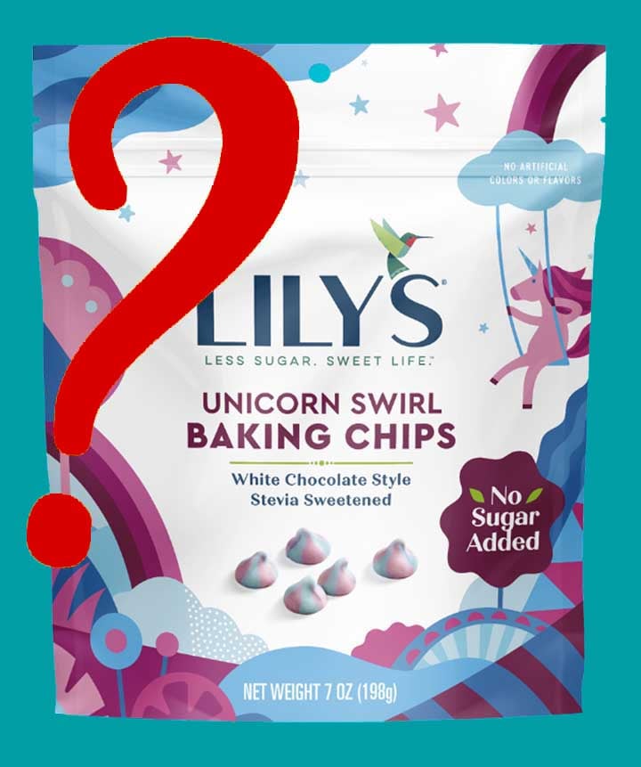 a bag of Lily's Unicorn Chocolate Chips with a question mark