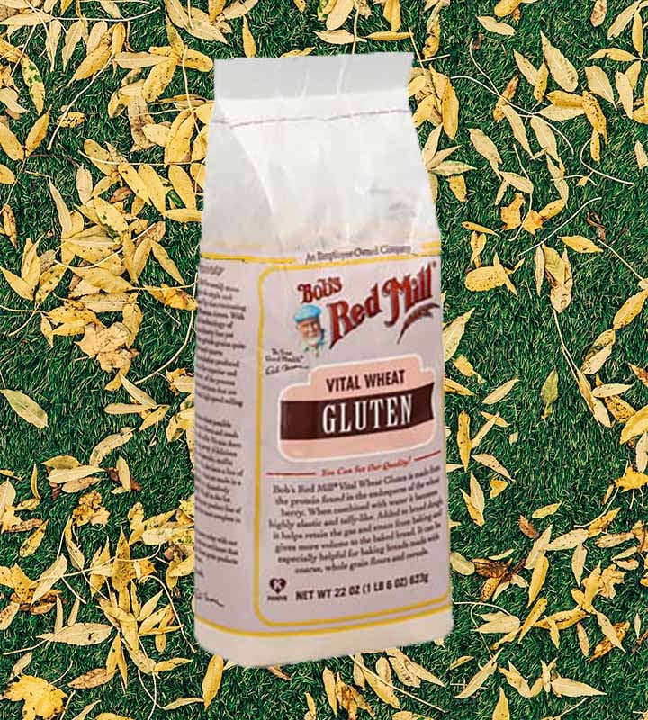 a bag of vital wheat gluten agains a leafy background