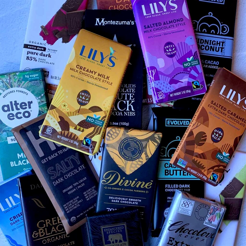 a pile of the 10 best lowest carb chocolate bars