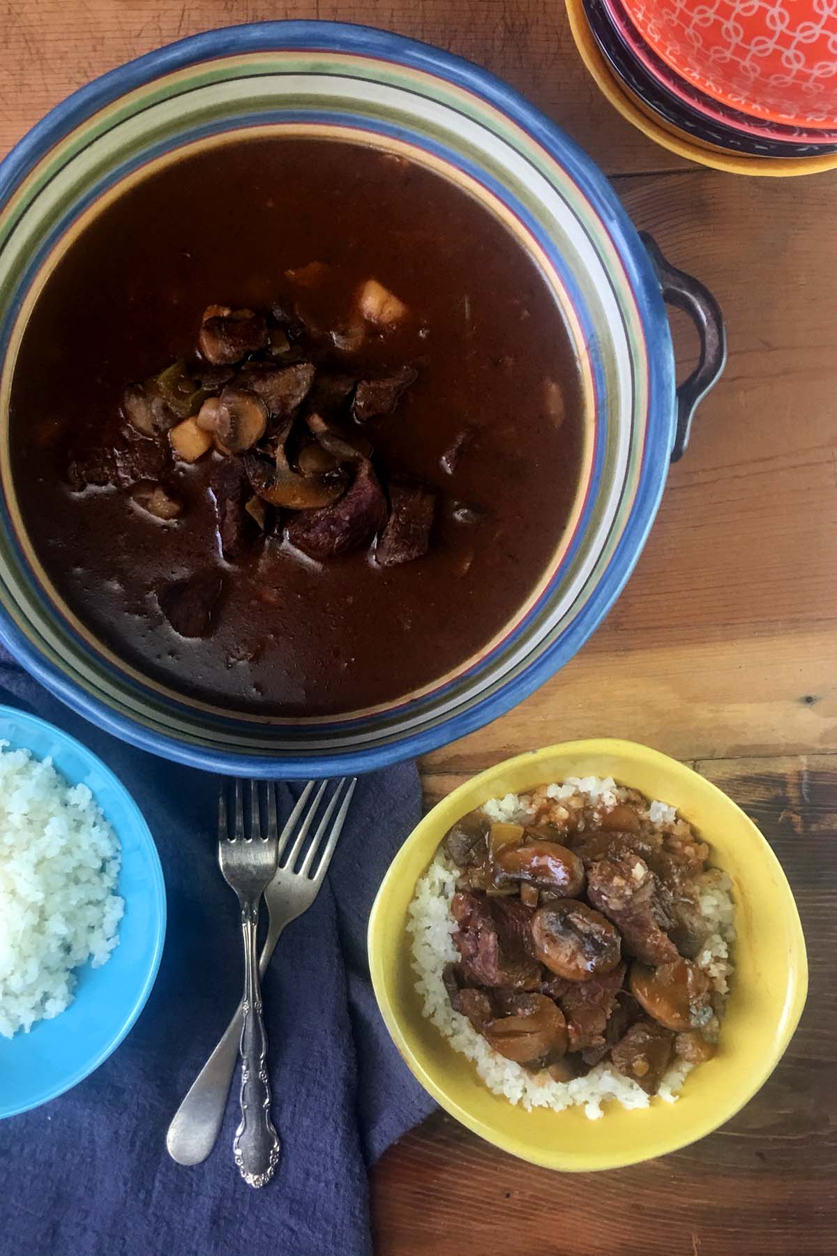 a top down view of a bowl of Keto Beef Stew