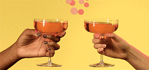 a gif of two hands clinking glasses, Cheers!