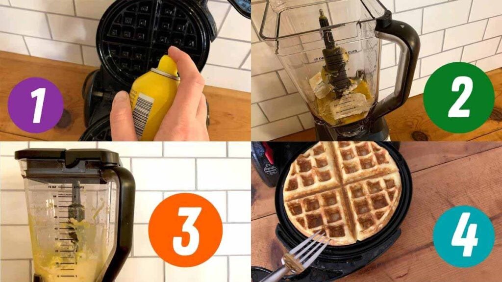 4 step-by-step images of how to make waffles
