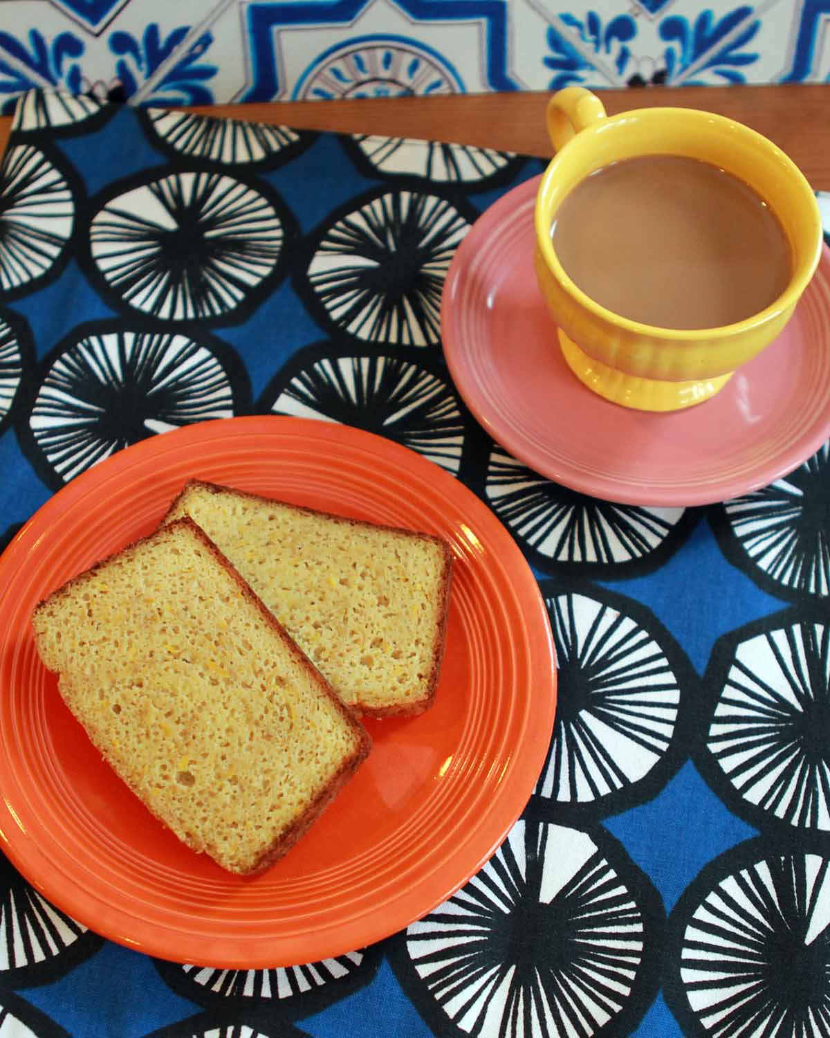 2 slices of Keto Banana Bread with a cup of coffee